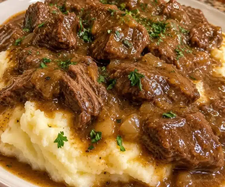 Tender slow cooker beef tips simmered in rich gravy served in a bowl.